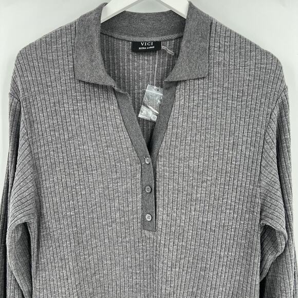 Vici Gray Ribbed Jumpsuit Long Sleeves Button Collared Stretch Gray Size XL NWOT - Picture 2 of 8